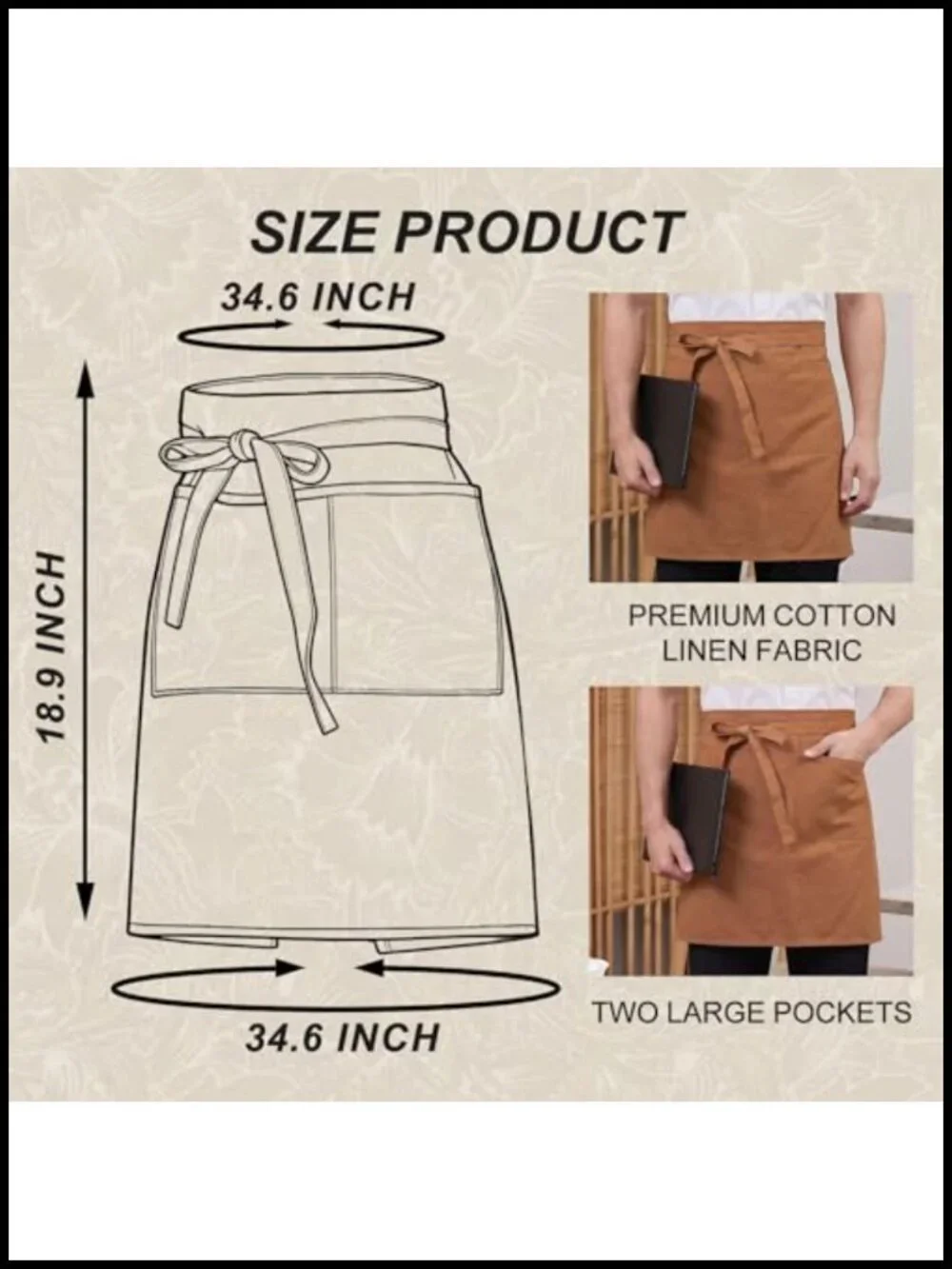 Cotton Linen Half Apron with 2 Large Pockets Bistro Server Apron Unisex Waist